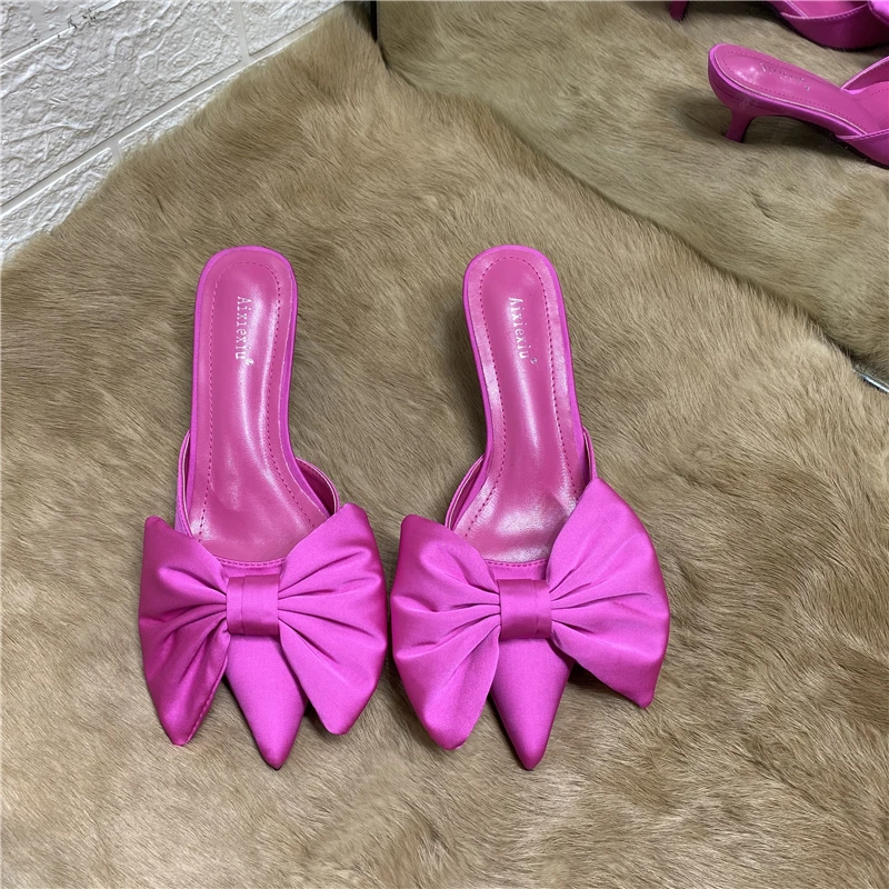 2021 Spring Pointed Toe Stiletto Heel Kitten Heels Bow Heel-Free Slippers for Women