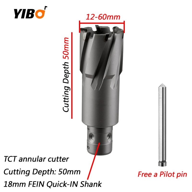 22*50mm Hard Alloy Hollow Metal Hole Saw Magnetic Drill Bit Diameter 12-65mm x 50mm TCT Annular Cutter With FEIN Quick-IN Shank