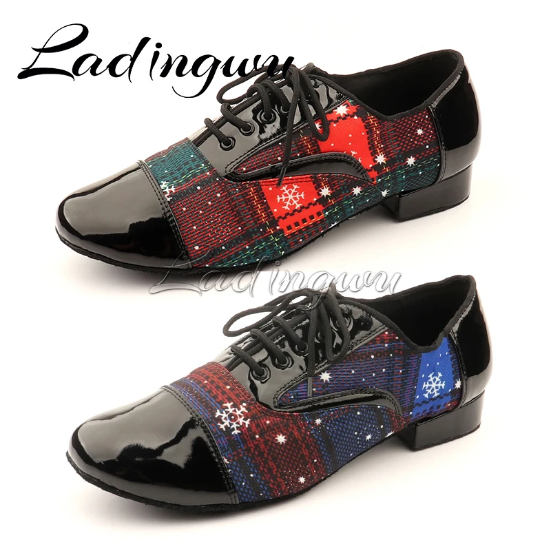 Ladingwu Men Low-heeled Dance Shoes Latin Dance Shoes Men Salsa Tango Ballroom Dance Shoes PU and Denim Christmas Doodle Blue