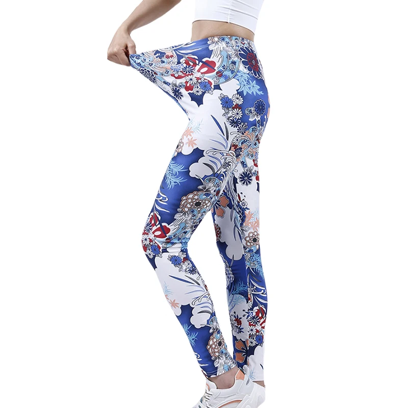 YSDNCHI High Waist Strethcy Women Printed Leggings Blue White Flowers Outdoor Activities Leggins Fitness Pants Sport Trousers