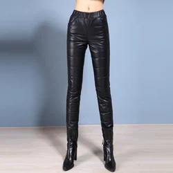 Women's Leather Pants, High Waist Sheepskin Leather Pants, Winter Warm Pants, Thickened Black Pencil Pants