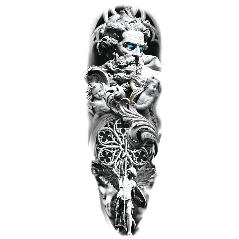 Black Tattoo Warrior Zeus Blue Eye Wolf Crow Sword Waterproof Temporary Tatoo Sticker Angel Wings Men Women Full ArmTotem Tatto