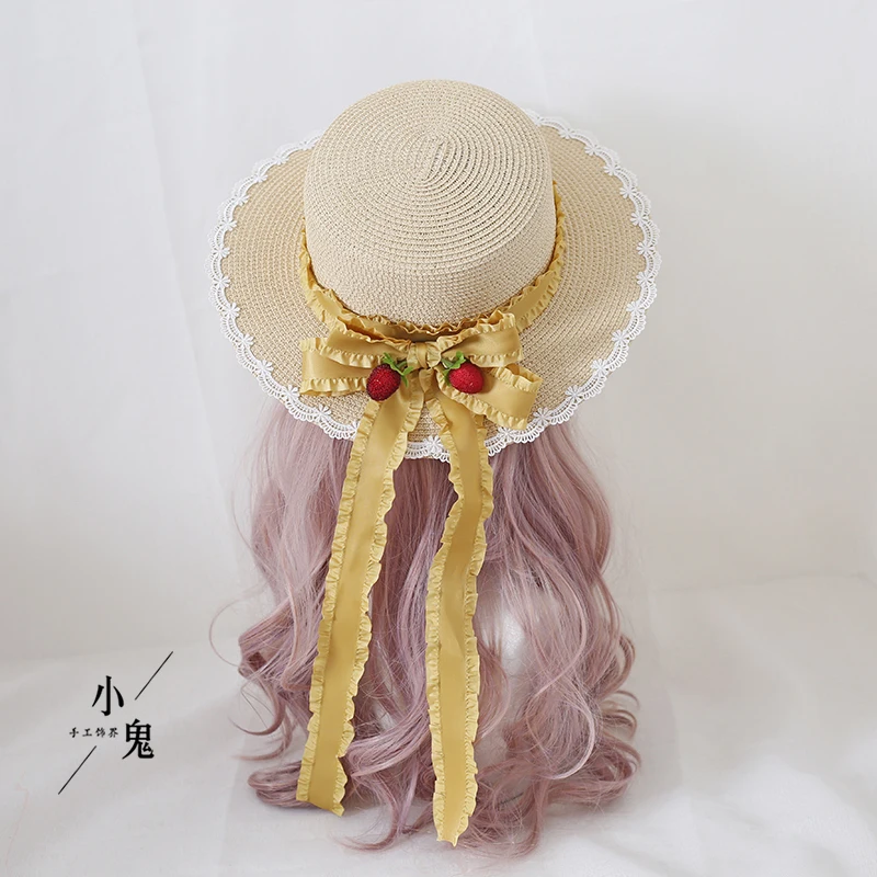 Bowknot Wide Brim Straw Hat Mori Style Berry Bow Sunhat Lo Niang Pastoral Style Lolita Hat