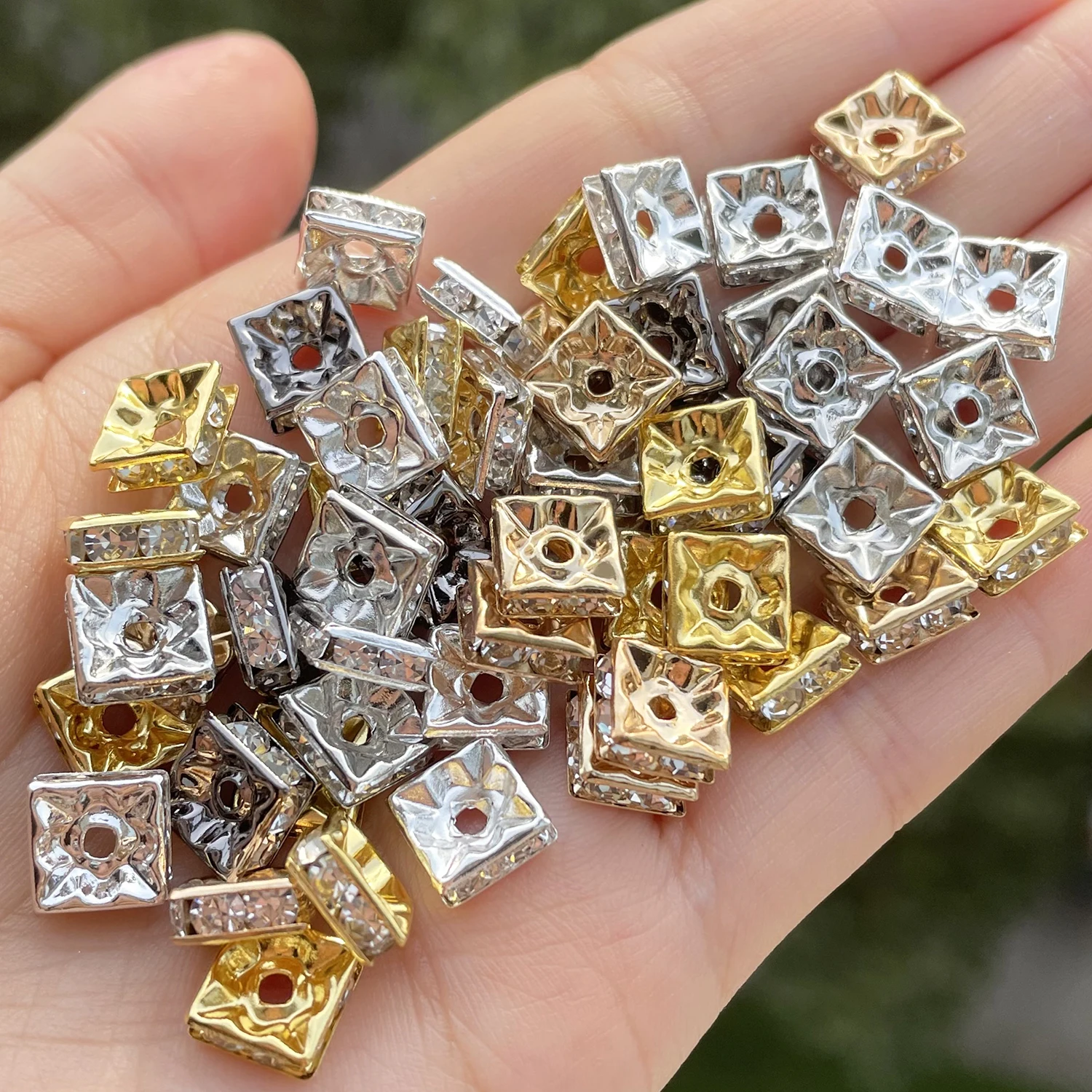 50pcs Square Metal Rhinestone Crystal Rondelle Beads Gold Silver Color 6 8mm Loose Spacer Beads for Jewelry Bracelet Making