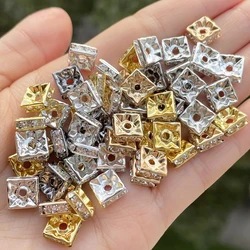 50pcs Square Metal Rhinestone Crystal Rondelle Beads Gold Silver Color 6 8mm Loose Spacer Beads for Jewelry Bracelet Making