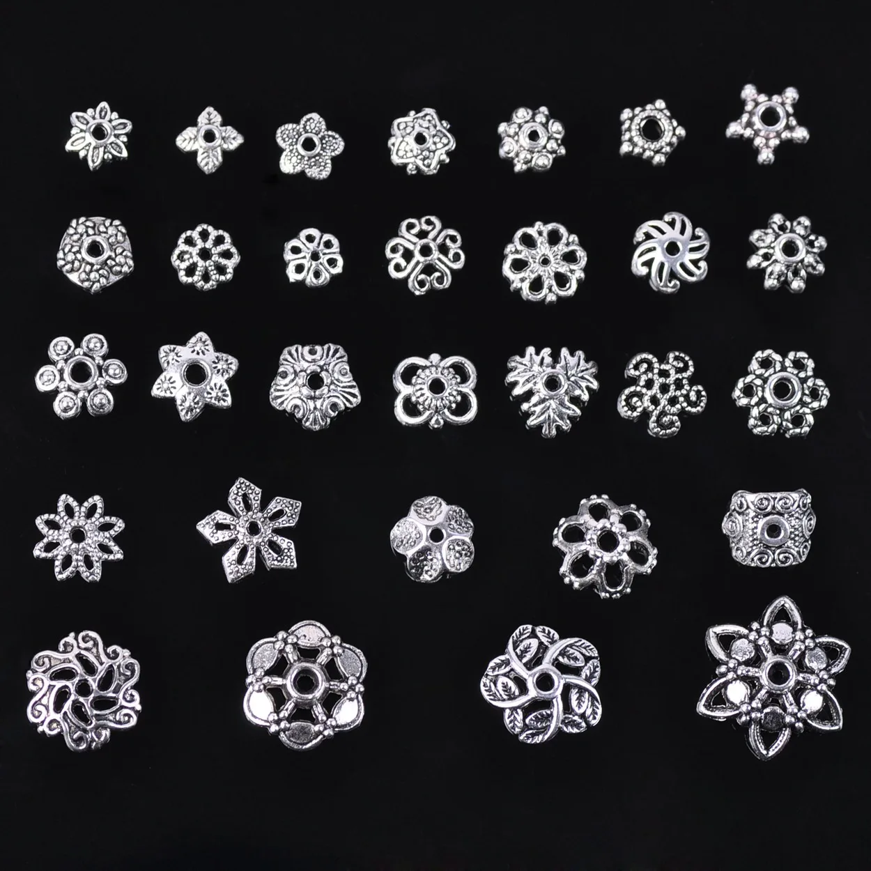 50pcs Tibetan Silver Color Metal Flower Loose Spacer Beads Caps Wholesale lot for Jewelry Making DIY Crafts Findings 1#~31#