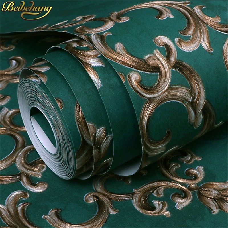 

beibehang Vintage green damascus sculpture wallpaper retro European bedroom wallpaper for living room TV background long fiber