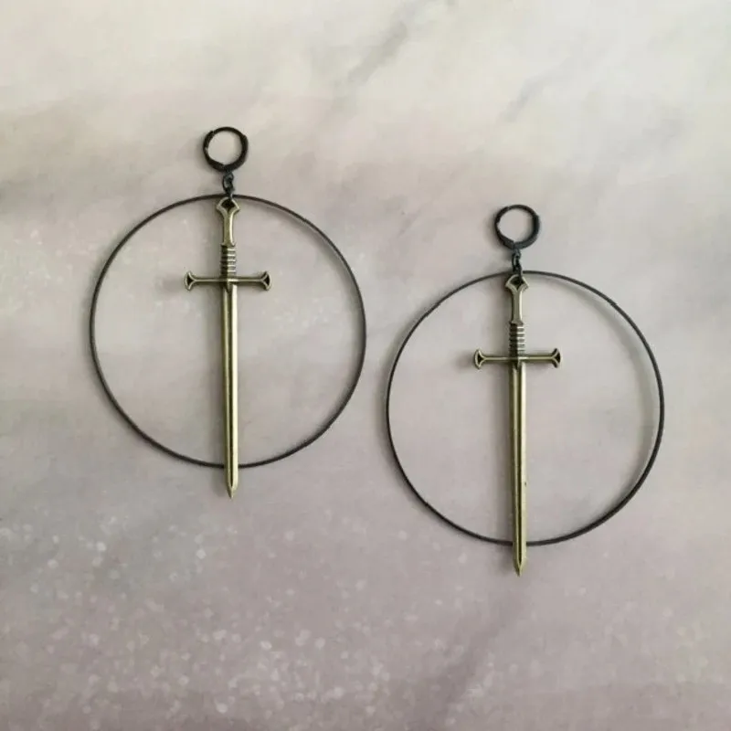 Goth Excalibur Bronze Version Ring Sword Earrings Classic Eardrop Big Sword Punk Statement Mystical Grunge Jewellery Women Gift