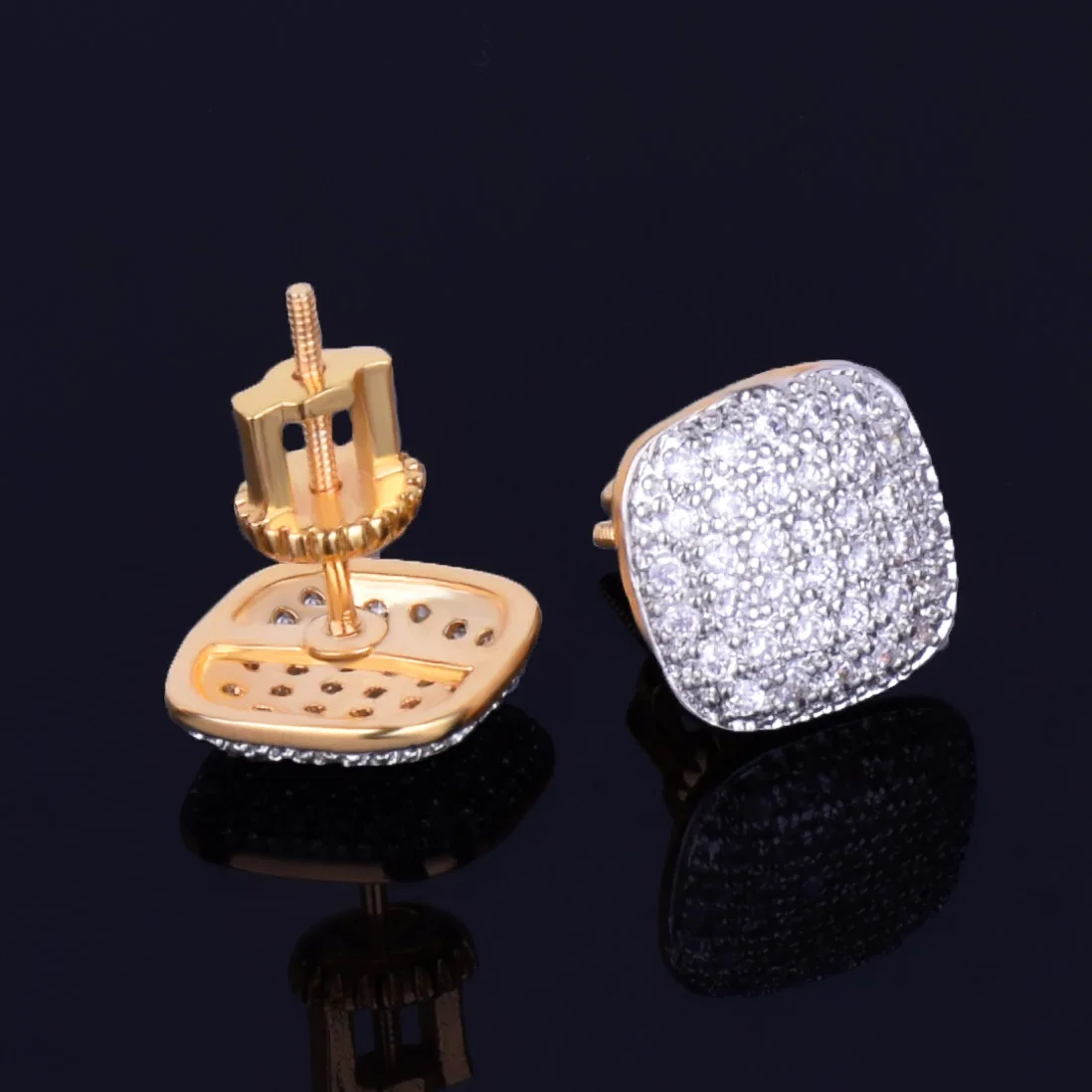 10MM Square Men Women Stud Earring Gold Color Full Cubic Zircon Screw Back Earrings Hip Hop Jewelry for Gift