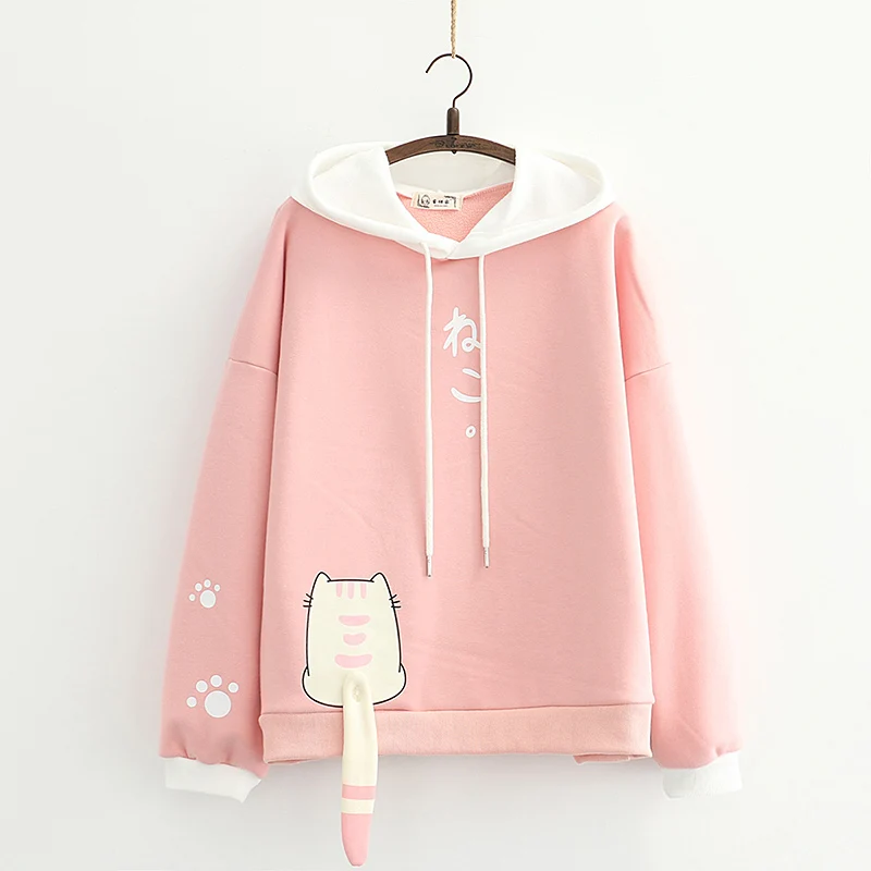 Kawaii Anime Women Pink Hoodies Teens Winter Fleece Warm Soft Girl Cute Cat Tail White Hooded Sweatshirt Female Pullover 2020