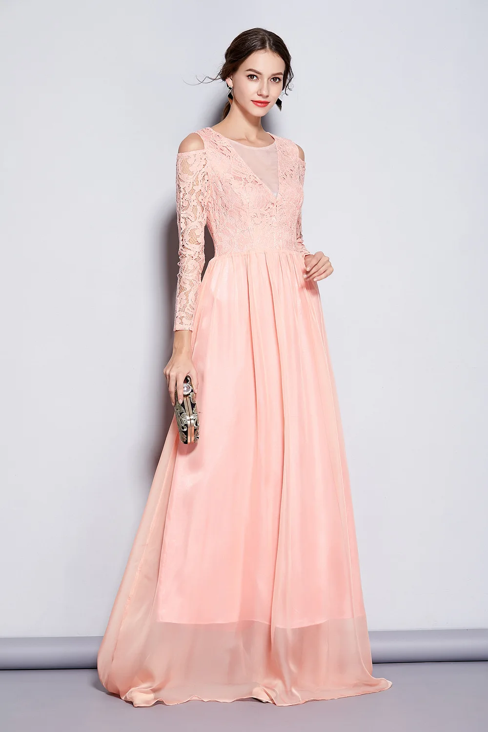 Homecoming dress Lace&Grenadine long-sleeved round neck with Draped Illusion Floor-Length Elegant&Charming long dress