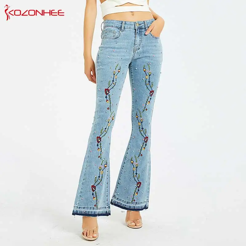 Embroidery Embroidered Flares Jeans Women Elasticity Bell-Bottoms Stretching Women Jeans For Girls Large Size #96