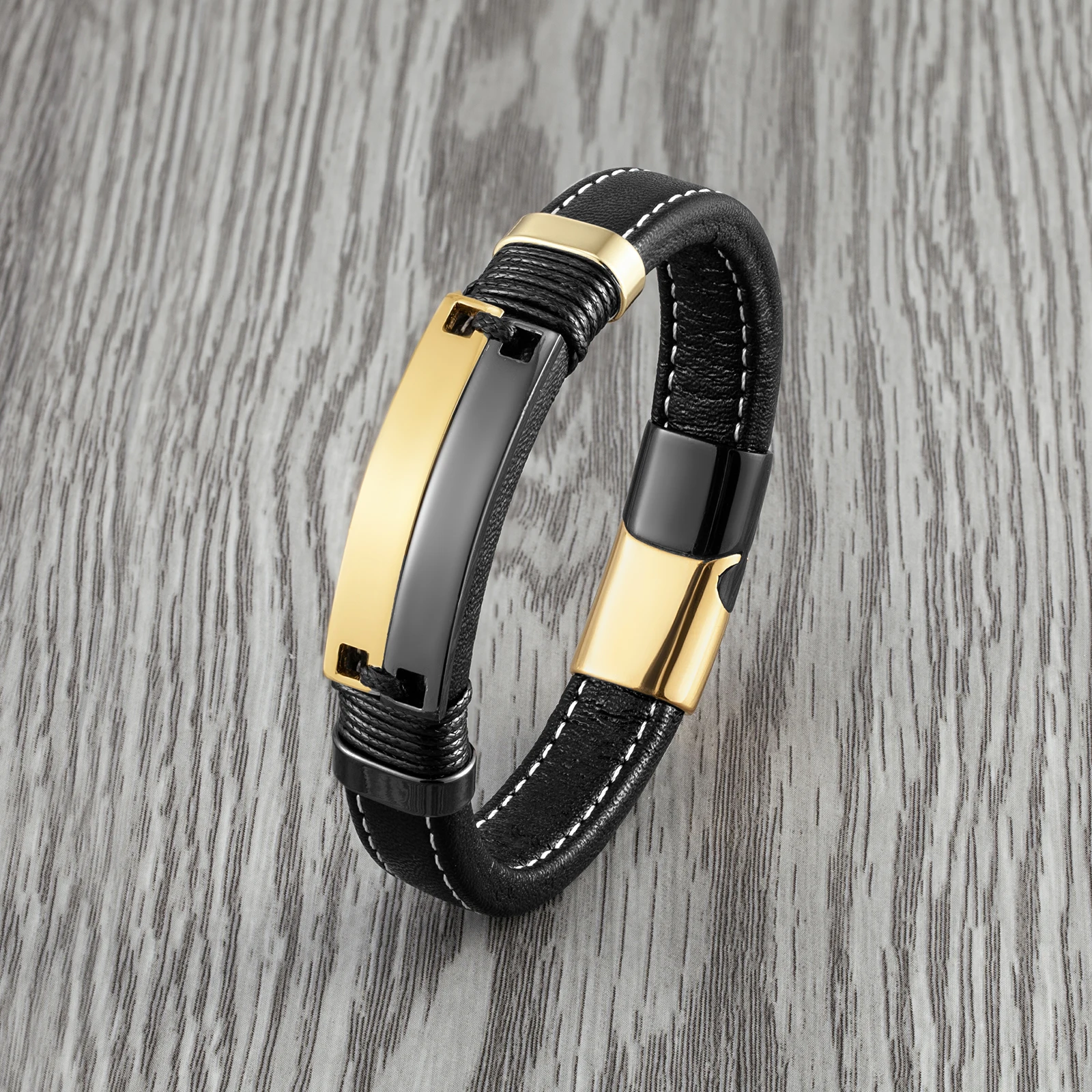 New Fashion Punk Style Double Row Smooth Multicolor Stainless Steel Men's Bracelet Charm Black Wide Leather Rope Bracelet