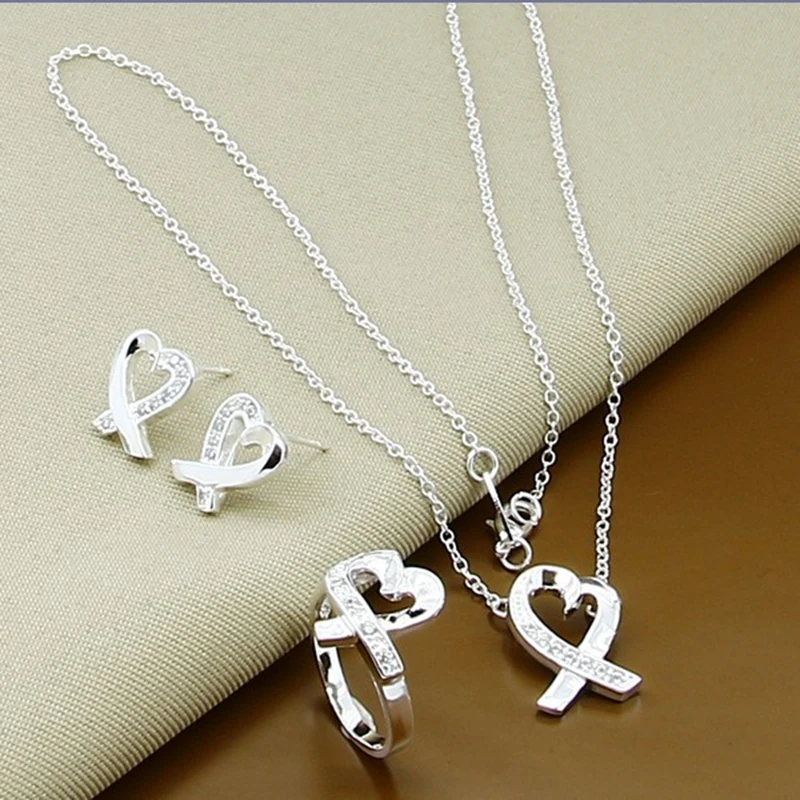 New Style 925 Sterling Silver AAA Zircon Heart Shaped Necklace Bracelet Earring Set For Women'S Wedding Engagement Party Charm J