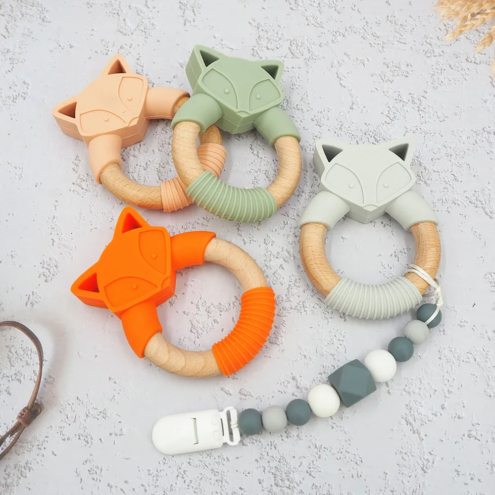 Chenkai 10PCS Fox Silicone Wooden Teether Baby Animal Teether For DIY Baby Nursing Chewing Teether Chain Pendant Necklace Toy