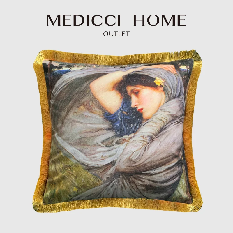 Medicci Home Artist Cushion Cover Vintage Oil Painting Women Double Sided Print Gorgeous Decorative Fringed Pillow Case 50x50cm