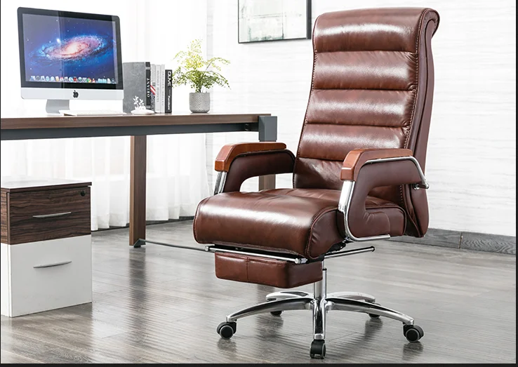 Leather computer chair household office chair office stool long sitting chair solid wood boss chair lying massage