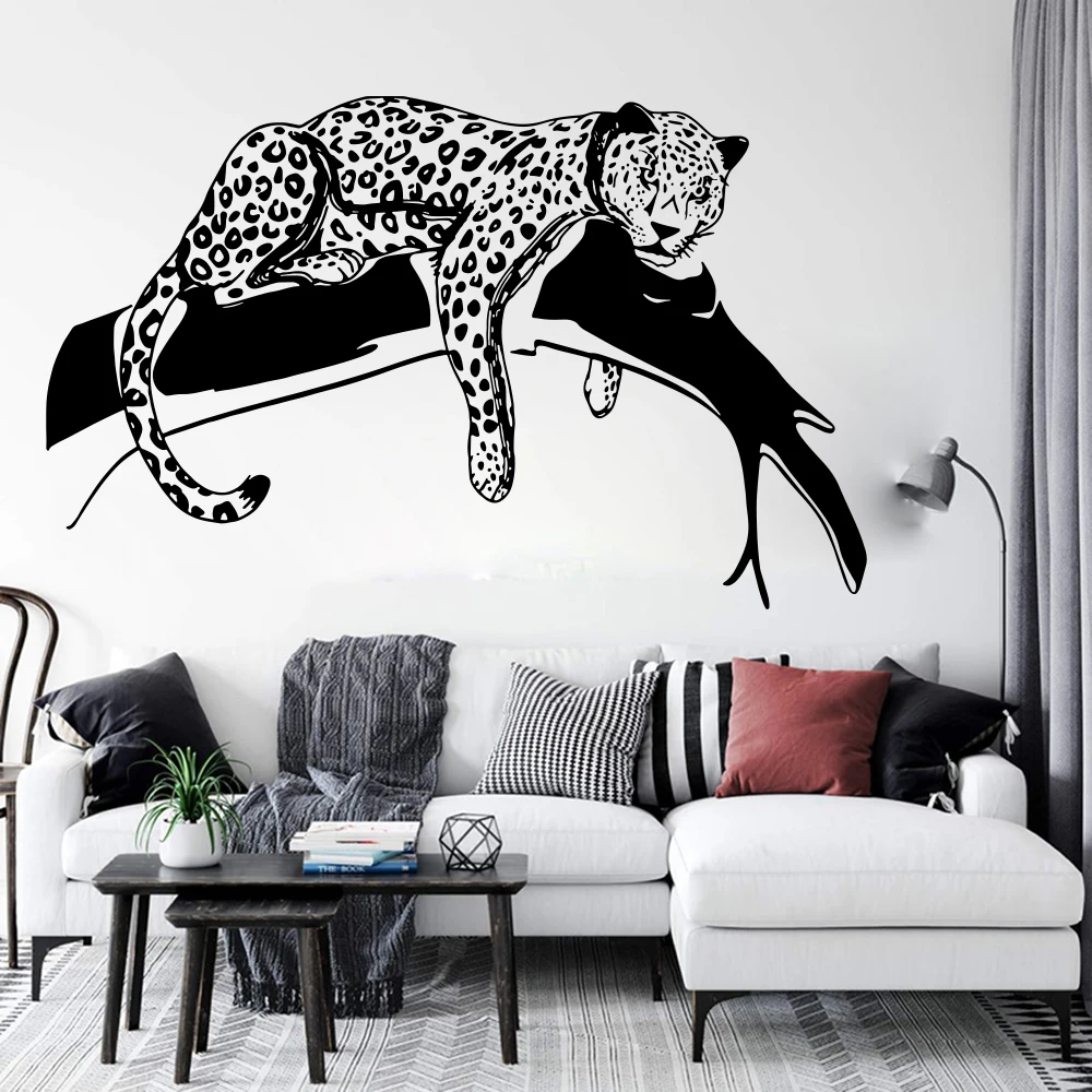 Cartoon Leopard In A Tree Wall Sticker Kids Teen Room Jungle Animal Tiger Cat Branch Wall Decal Playroom Vinyl Home Decor