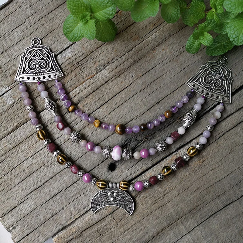 3 Row Viking Brooch Chain With Lilac And Amethyst Stone Beads,Moon,Unique Ethnic Jewelry,Norse Apron Chain,Viking Jewelry Gift