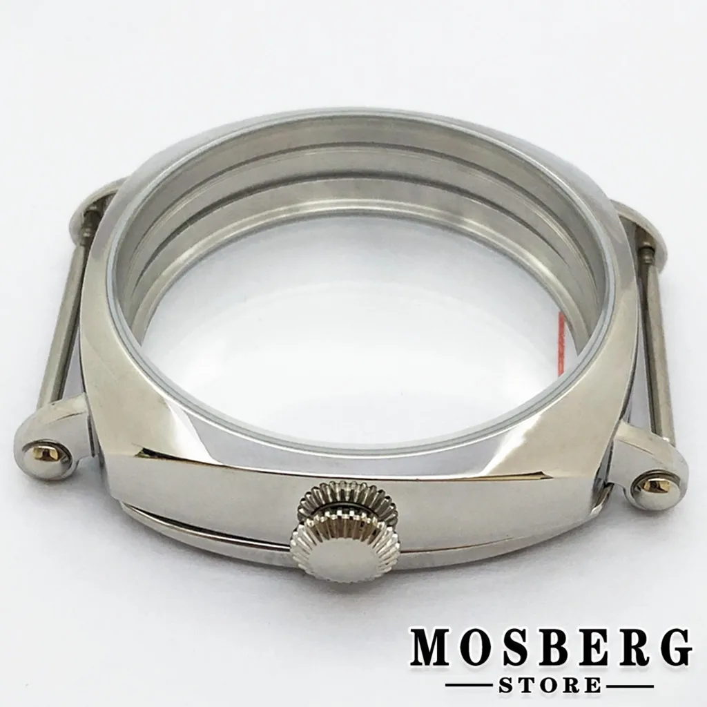 44mm Silver Watch Case Solid 316L Stainless Steel For ETA 6498 6497 ST3600 Movement Watch Accessories Parts