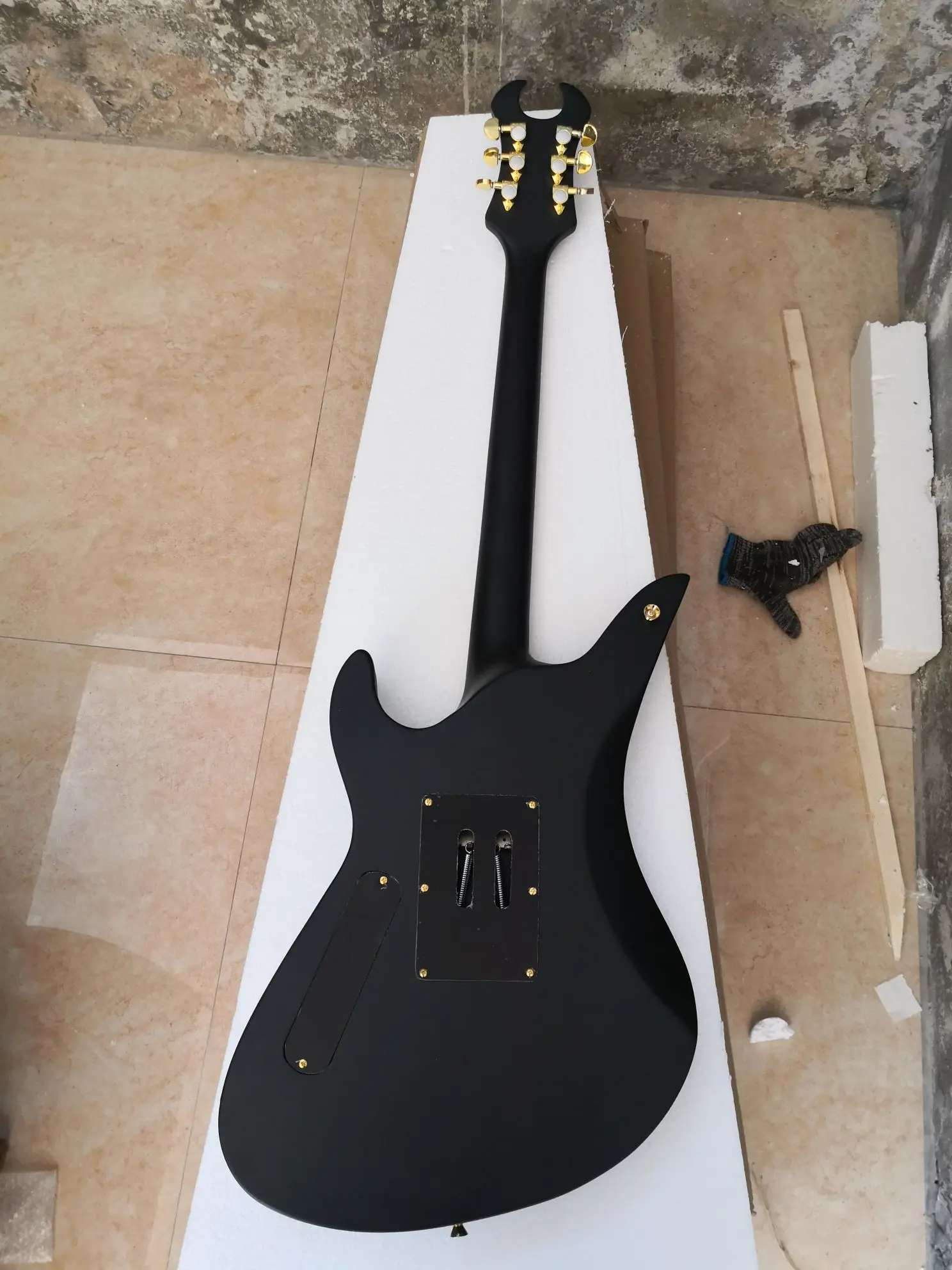 Matte Black Stripe Electric Guitar, 6 String Ebony Fingerboard, Gold Bat Inlaid with Gold Accessories