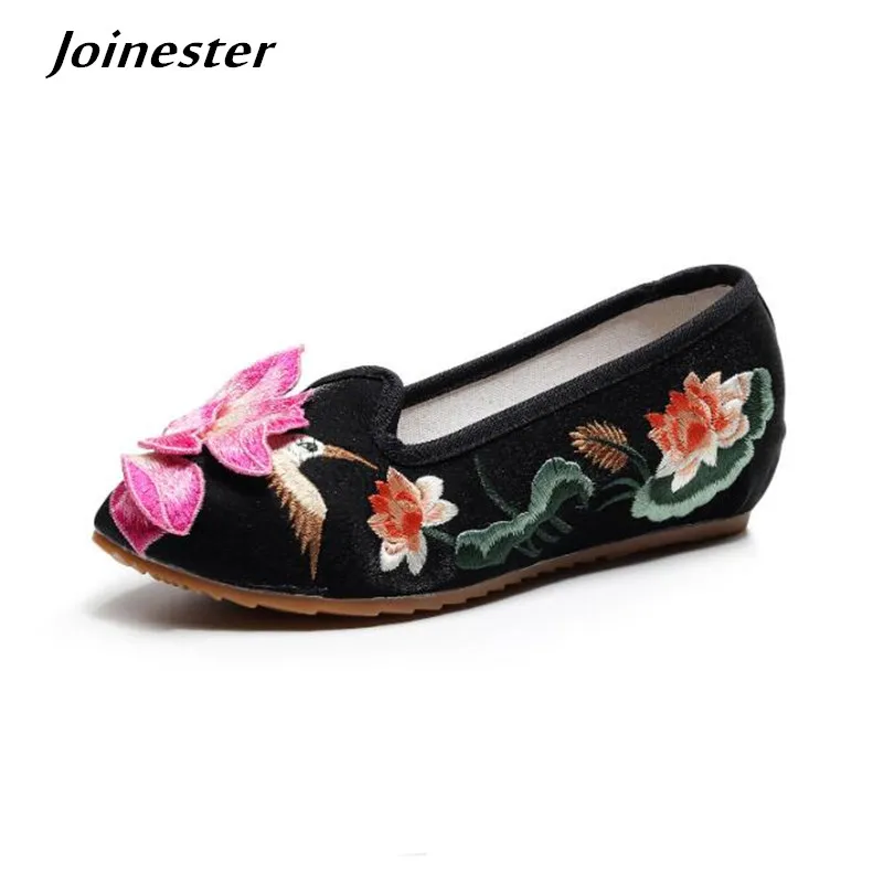 Spring Women Applique Vintage Wedge Pumps Ladies Flower Pointed Toe Loafers Female Slip-on Dress Shoes Leisure Canvas Moccasins