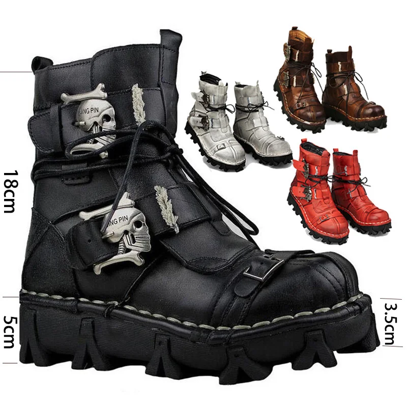 Men\'s Cowhide Genuine Leather Work Boots Military Combat Boots Gothic Skull Punk Fashion Boots Motorcycle Boots 50 Vintage