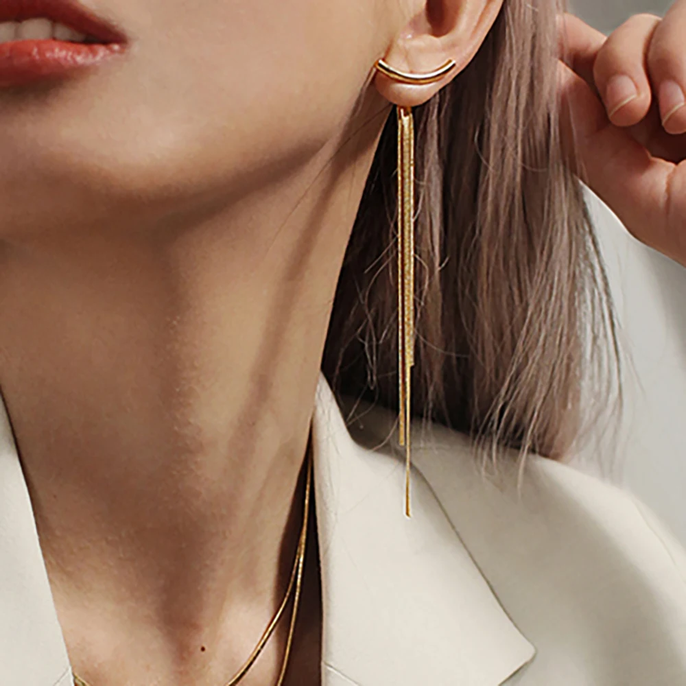 Vintage Long Thread Tassel Glossy Ar Bar Drop Earrings for Women Gold Color Geometric Korean Fashion Jewelry Hanging Pendientes