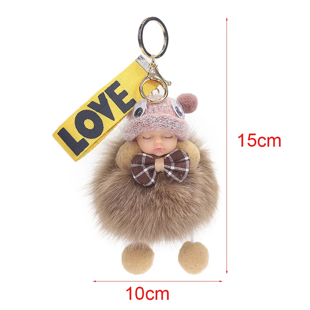 Fashion Colorful Sleeping Baby Doll Car Keychain Hanging Piece Hair Ball Bag Pendant Cute Fluffy Fur Pompom Key Ring Holder Toy