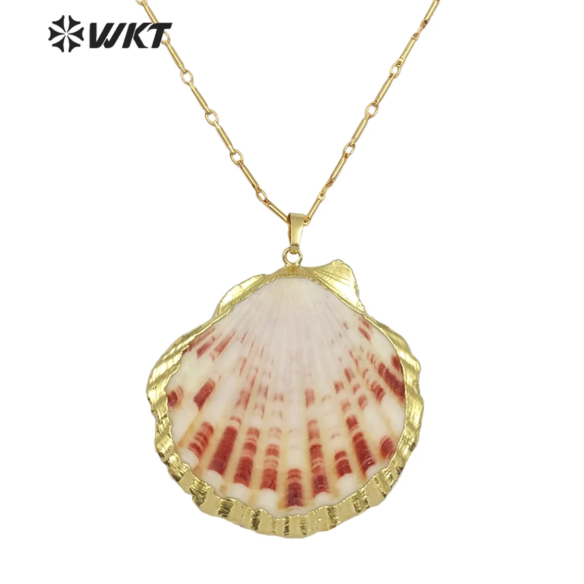 

WT-JN040 WKT Wholesale Amazing Custom Natural colorful scallop shell necklace for Pendant shell with 24K gold trim on edged