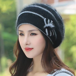 Angora Beret Women Winter Hat Knit Beanie Autumn Warm Flower Rhinestone Thick Double Layers Skiing Outdoor Accessory For Lady