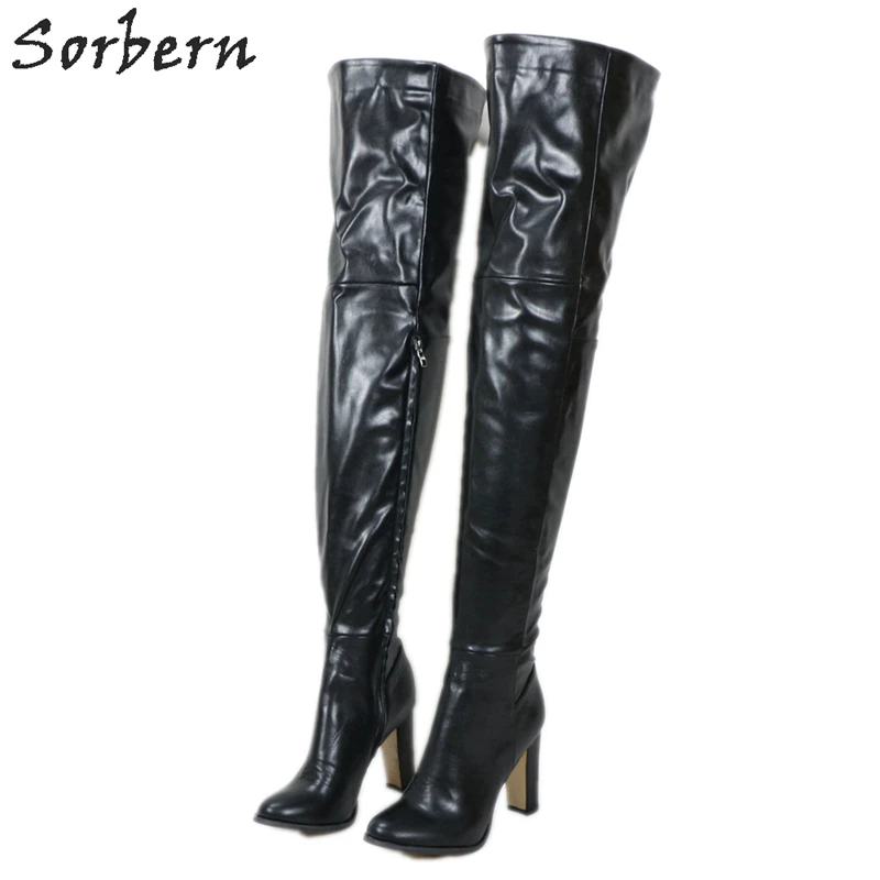 Sorbern Matt Black Over The Knee Boots Women Block Heels Winter Style Plush Inside Thigh High Boot Female Custom Wide Slim Boot