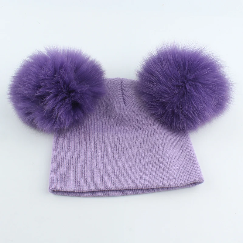 Mother Baby Beanie Kids Winter Fox Fur Pompom Hat Cute Double Pompon Cap For Girls Boys Warm Knitted Hats