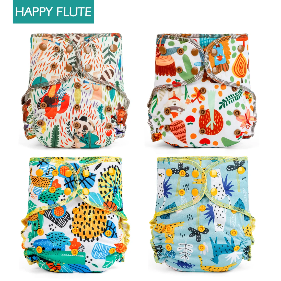 4pcs Happy flute Organic Cotton Cloth Diaper Nappy One Size Pocket Reusable Diapers Eco-friendly fit 3-15kg baby