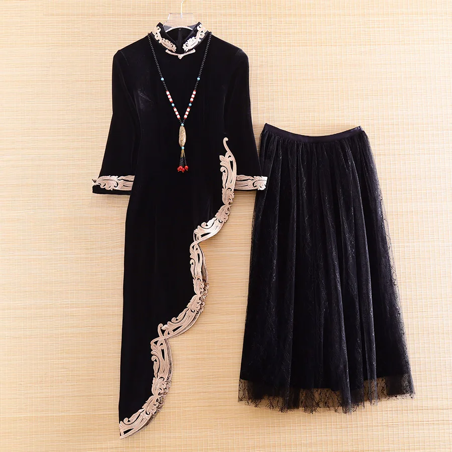 

Autumn Woman Two Piece Set Chinese style High-end Velvet Embroidery Coat Top + Elegant Lady Lace A-line Skirt Velvet Suit S-3XL