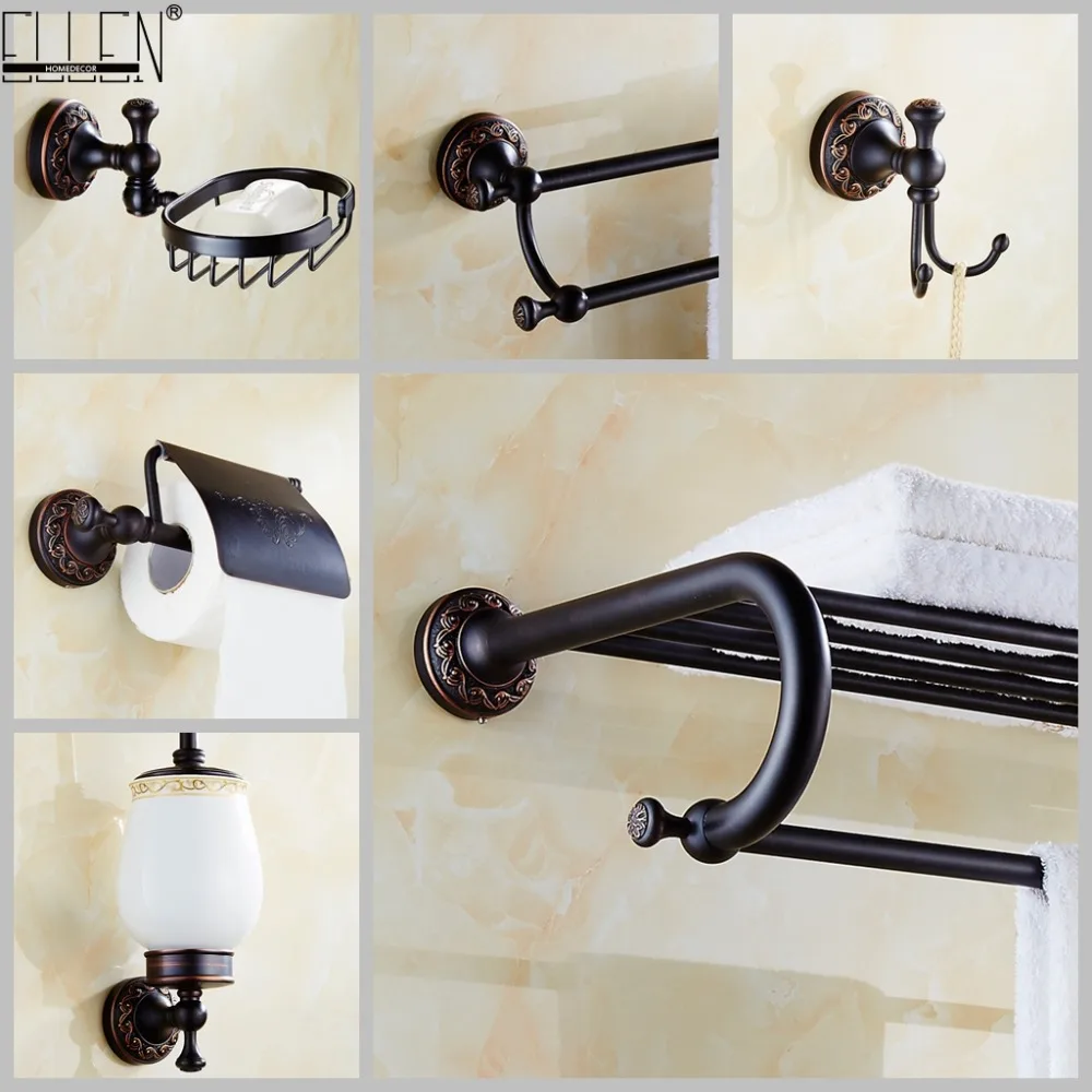 

Vidric Black Bathroom Carving Bath Towel Shelves Toilet Brush Holder Oil Rubble Bronze Soap Holder Toilet Paper Holder EL84500