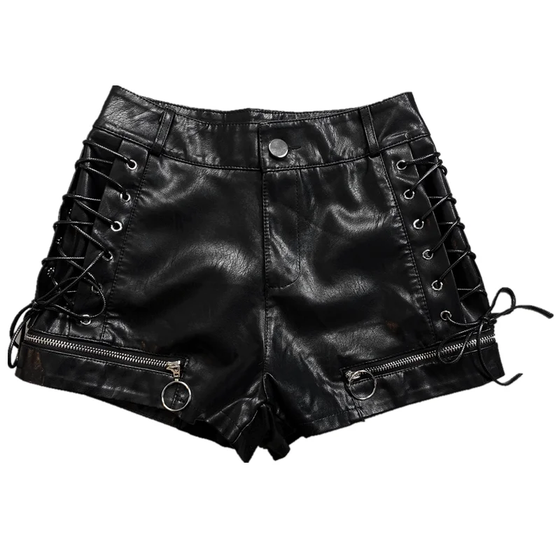 2021 strappy zipper hot shorts black PU leather shorts high waist a-line slim shorts DK652