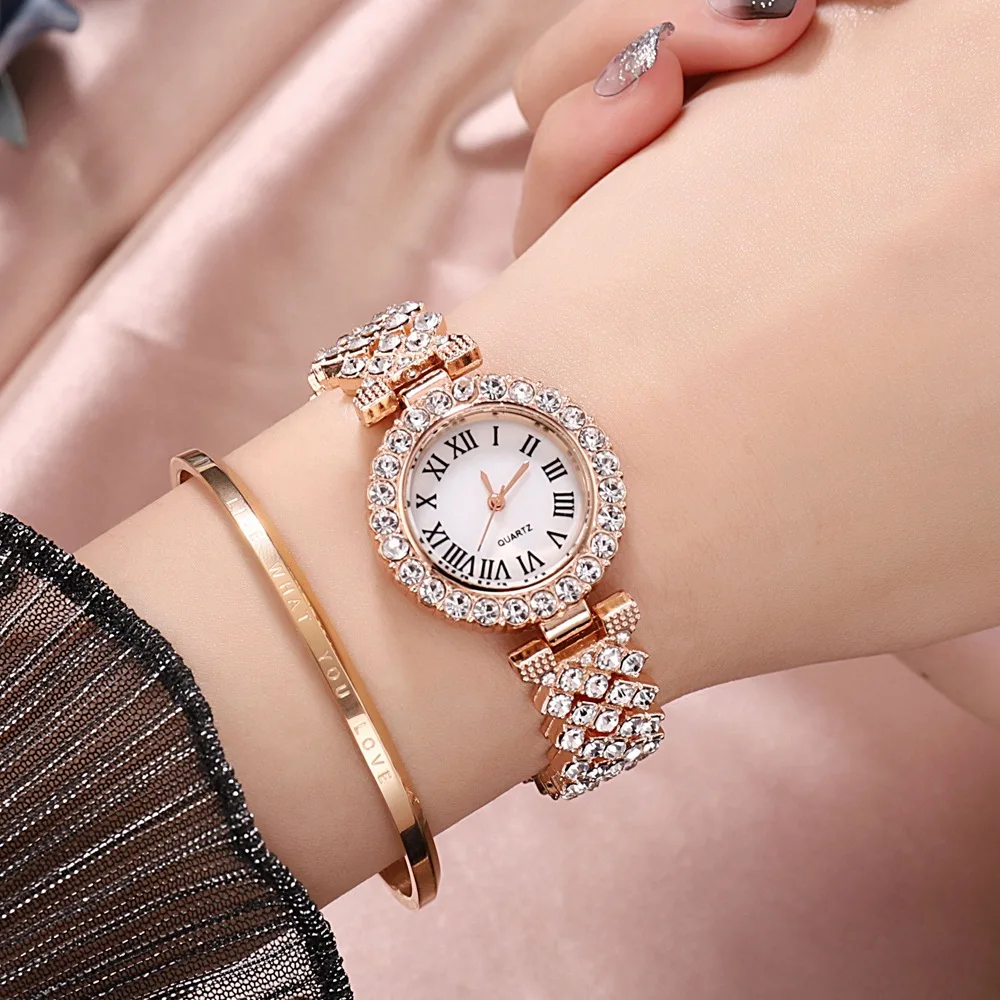 Luxo strass relógio feminino relógio de moda e pulseira conjunto senhoras relógio feminino montre femme relogio zegarek damski