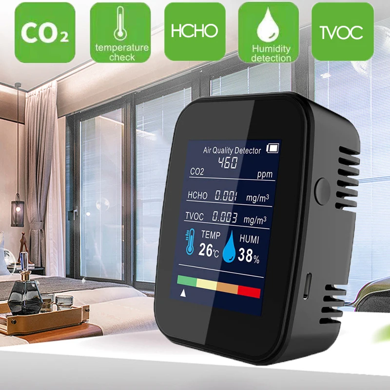 

5 in1 CO2 Detector LED Digital Temperature Humidity Meter Thermometer Sensor Air Quality Monitor Carbon Dioxide TVOC HCHO Tester