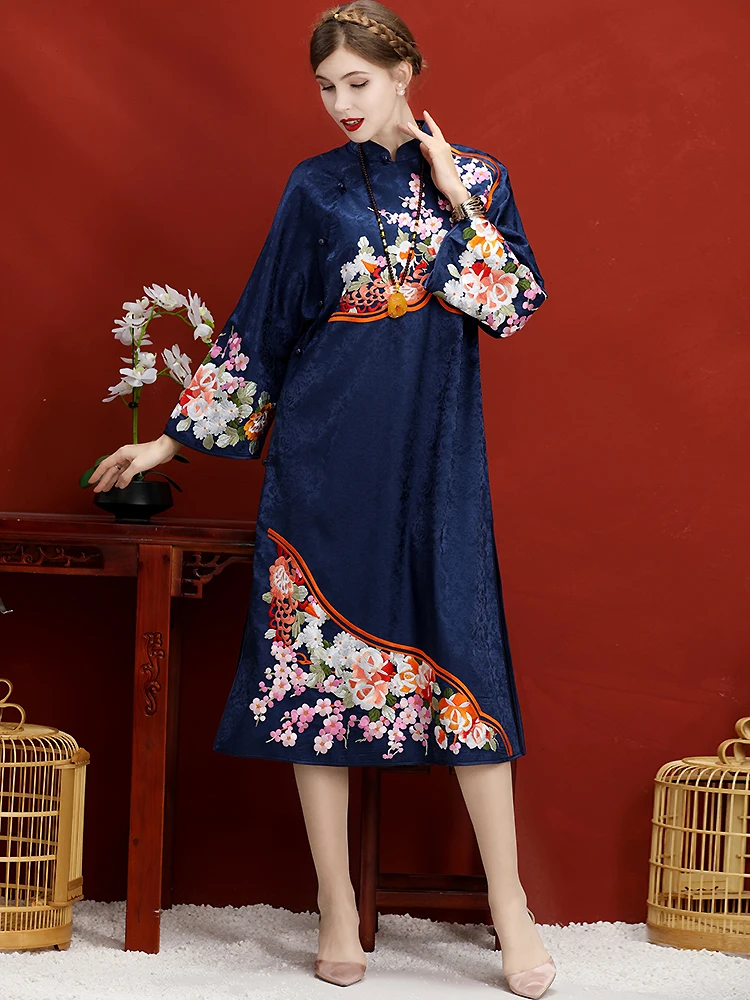 High-End Summer Women Chinese Style Floral Dress Jacquard Embroidery Cheongsam Elegant Slim Lady A-line Qipao Party Dress M