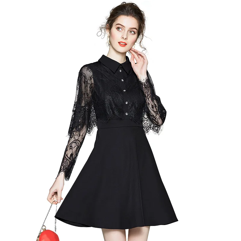 women elegant lace dress Spring and summer 2020 new fashion turn-down collar long sleeve little black dresses