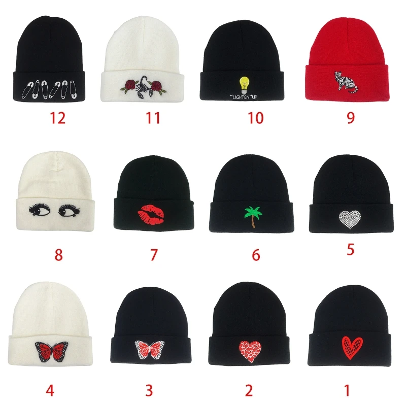 

Harajuku Men Women Knitted Beanie Hat Hip Hop Cartoon Heart Butterfly Embroidery Winter Snow Ski Cuffed Skull Cap