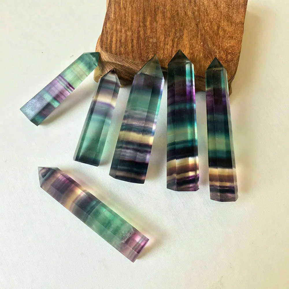 Natural Rainbow Fluorite Quartz Crystal Point Reiki Healing Hexagonal Wand Home Decor (1.9\