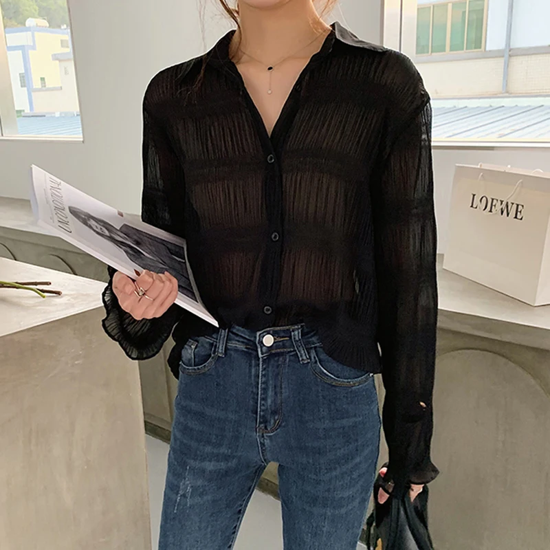 Yeni 2023 bahar eski zarif kadın şifon bluzlar Casual uzun kollu bluzlar Femme turn-aşağı yaka katı gömlek kadın Tops