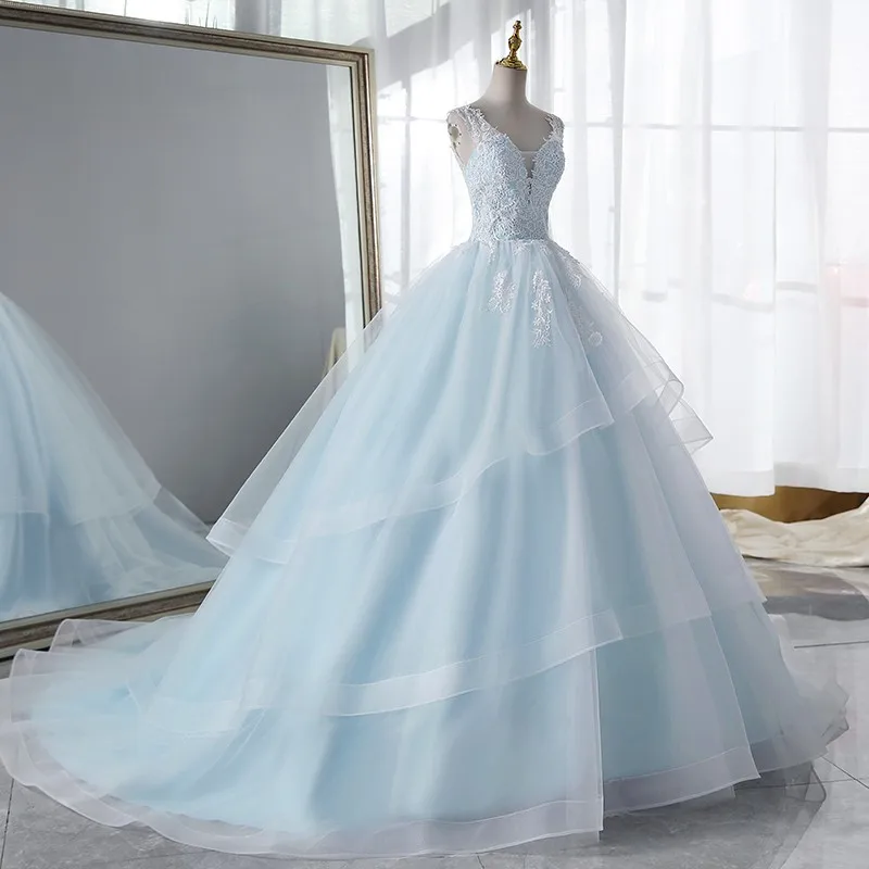 2024 Boho Beach Wedding Dress Ice Blue Inner Double Lace Ruffle Sexy V-neck Backless A-line Princess Vestido De Noiva Customized