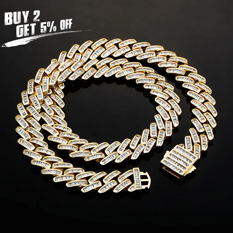 JINAO 12mm Baguette Prong Cuban Link Necklace AAA+ CZ Iced Out Chain Hip Hop Fashion Luxury Bling White Gold Chain For Gift