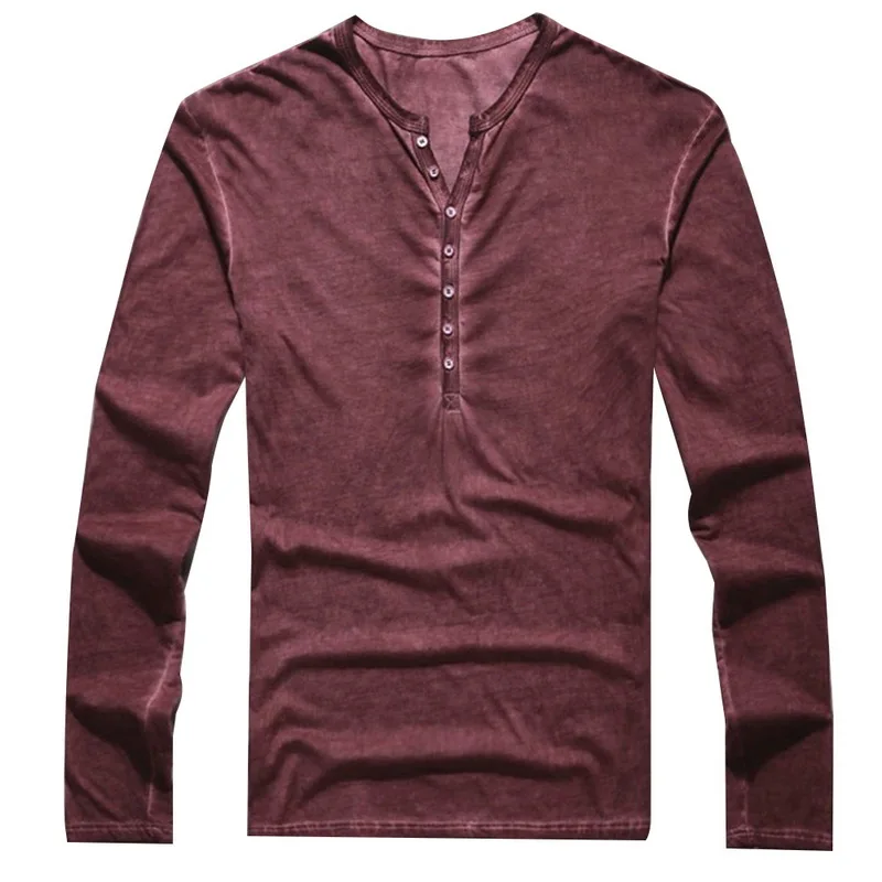 Men Tee Shirt V-neck Long Sleeve Tee&Tops Stylish Buttons T-shirt 2023 Autumn Casual Henley shirt Solid Male Clothing 5XL