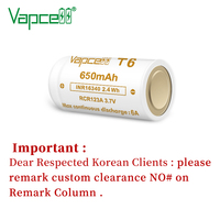 Vapcell Original Li Ion Battery INR 16340 650mah 6A T6 3.7V Rechargeable Button Top Batteries Cell For Flashlight Power Tools
