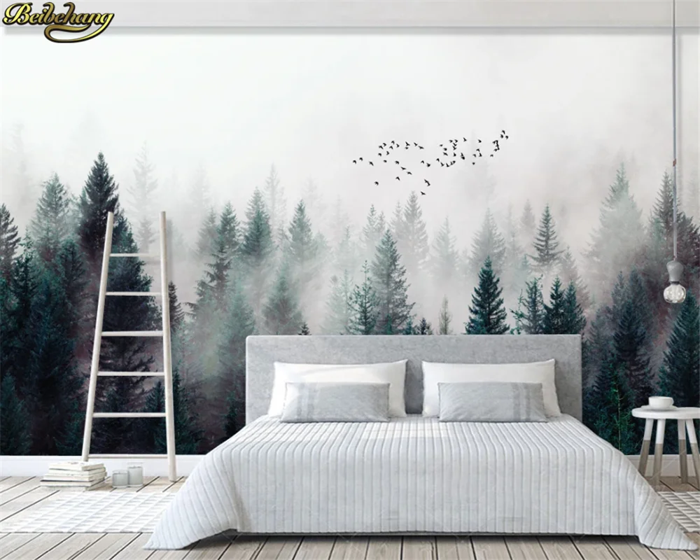 beibehang 3d wallpaper mural modern fresh misty forest cloud flying birds nordic TV background wall papel de parede