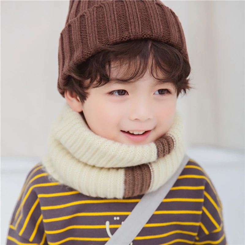 Korean Pure Color Children's Scarf Boys Girls Bib Autumn Winter Knitted Wool Striped Baby Collar Neck Protection Warm Scarf A89